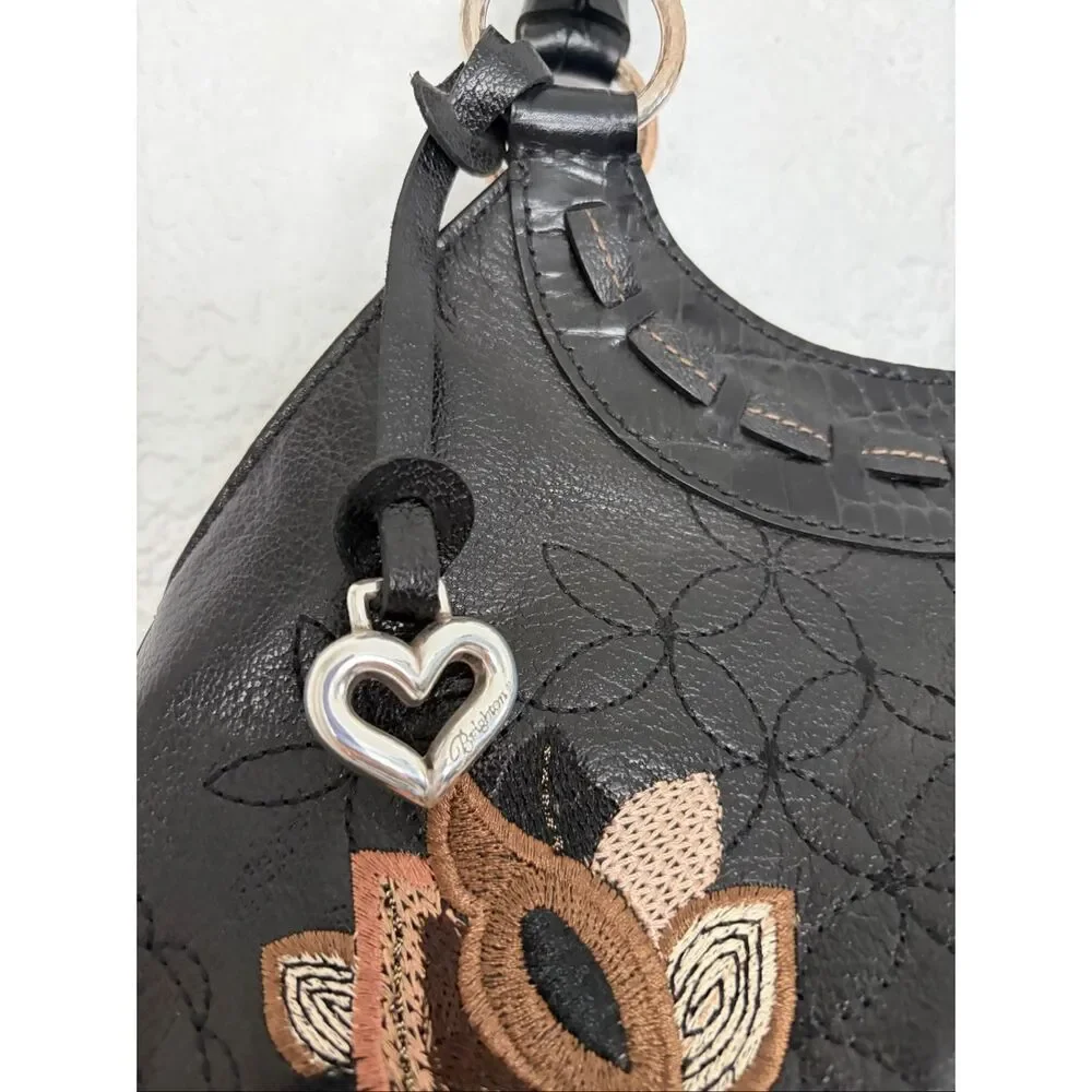 Brighton Valencia Black Leather Floral Embroidered Hobo Bag NWOT Heart Charm